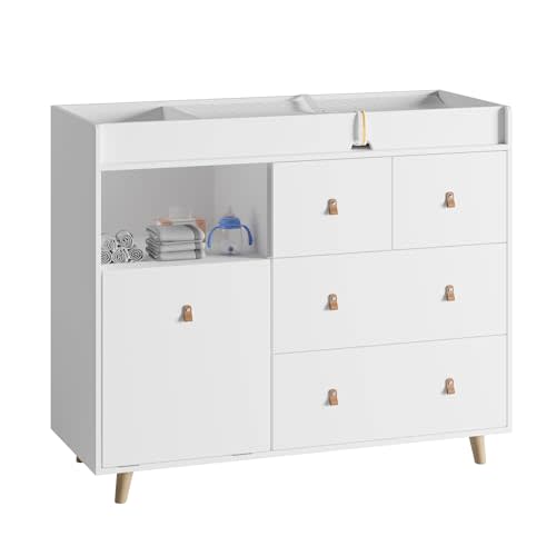 DAWNSPACES Baby Changing Table Dresser with Drawers, 45 Inch Hidden Trash Storage, Nursery Dresser with Changing Station,Storage Dresser Chest for Infant, White