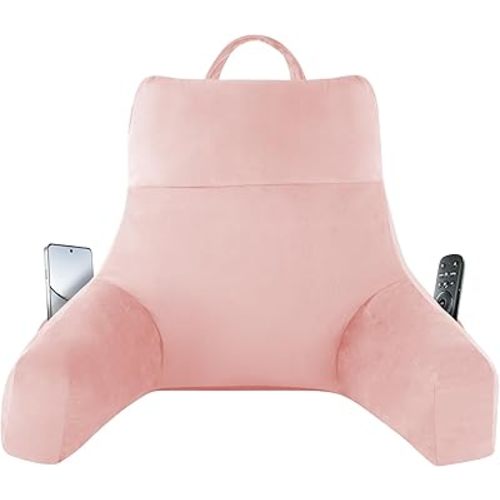 Back Pillow for Bed Sitting up, Reading Pillow for Sitting in Bed Adult, Back Support Pillow, Memory Foam Sit up Lounge Backrest Pillow with Arms for TV, Couch, Chair, Dorm, 20 Inch, Pink