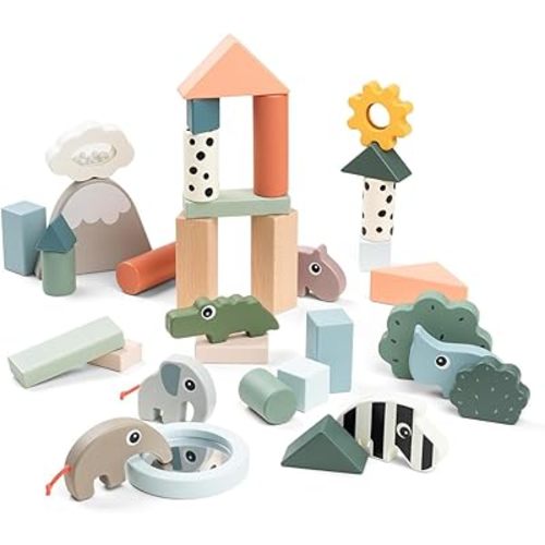 Done by Deer Building Blocks Set 34 pcs - Deer Friends - Colour Mix - Classic and Educational Toddler Activities - Wooden Toy Set for Toddlers - Stacking Toys for Toddlers 1-3, Montessori Play Sets