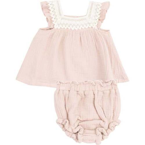 Pinafore with Crochet Heart Lace and High Waisted Diaper Cover, Solid Muslin Rose Smoke - Angel Dear | Maisonette