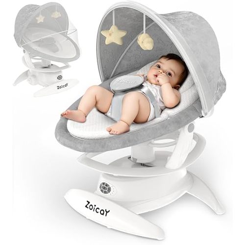 Zoicay 3-in-1 Baby Swing for Infants to Toddler with Motion Detection, Portable Baby Swing & Removable Swing Seat, BT Enabled & 360°Rotating Seat and Manual Remote with 3 Swing Modes & 5-Speeds(White)