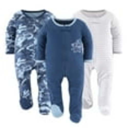 The Peanutshell Baby Sleep n Play Footed Pajamas for Boys, Blue Camo, 3-Pack, 0-3 Months