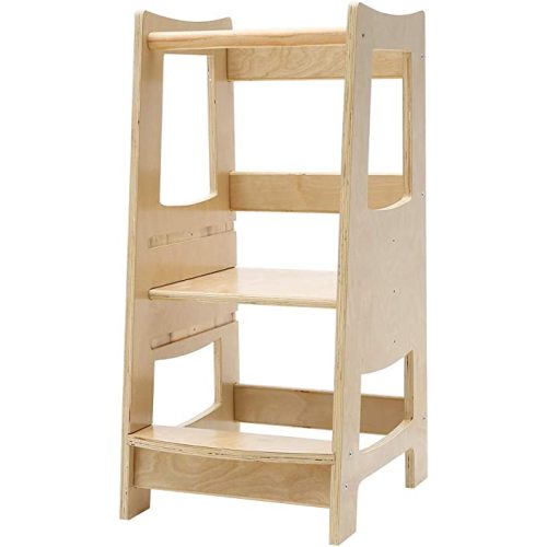 Toddler Kitchen Step Stool with Safety Rail Kids Wooden Standing Tower for Kitchen Counter and Bathroom Sink, 3 Heights Adjustable Step Up Stool Mothers' Helper, Solid Wood Construction, Natural