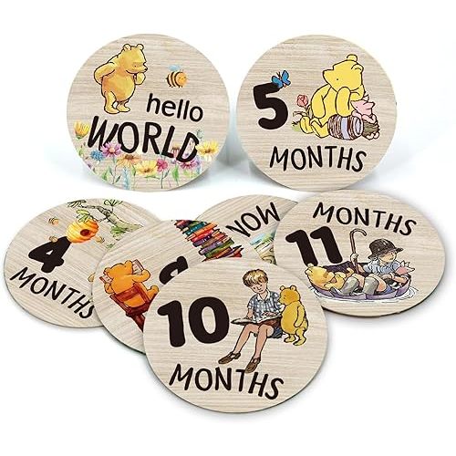 The Pooh Baby Bear Month Milestone Circles, Wooden Discs Stuff for Baby Photo Takens with Hello World Name Signs - 7Pcs Double Sided Signs for Documenting Growth
