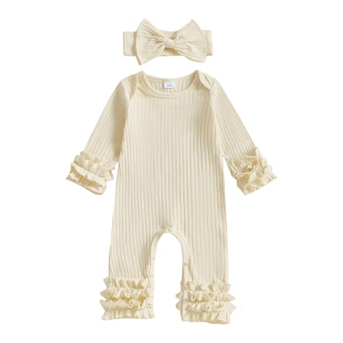 Ursobutegl Newborn Baby Girl Clothes Jumpsuit Ruffle Romper Bodysuit Pants Headband One-Piece Coming Home Hospital Outfits