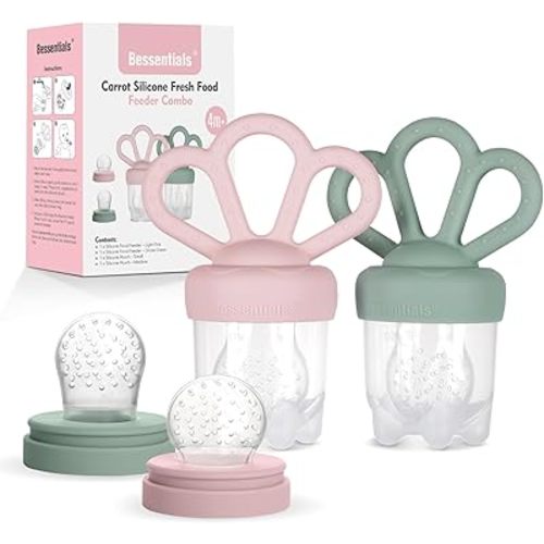 Bessentials Carrot Baby Fresh Fruit Food Feeder & 2 Pack Silicone Mesh Feeders | Safe Infant Self-Feeding|Includes 3 Sizes of Food Pouches |Suitable for Baby 4M+|BPA-Free (Pink & Grass Green)