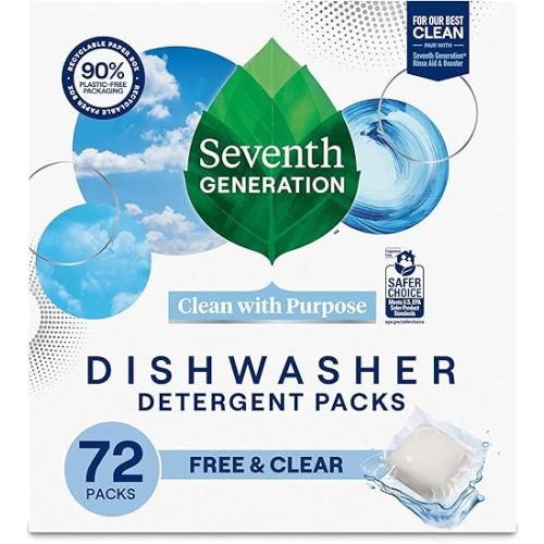 Seventh Generation Dishwasher Detergent Packs, Free & Clear, 72 Count, Pack of 1, Plant Powered Cleaning, Fights Greasy Reside & Stuck-On Food For Sparkling Dishes, Fragrance-Free & Septic Safe