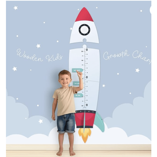 Teté The Rocket - Wooden Growth Chart for Kids | Track Height Up to 4ft | Space Theme Wall Height Chart for Children | Galaxy Wall Ruler for Kids Room | Easy to Install, No Tools Needed