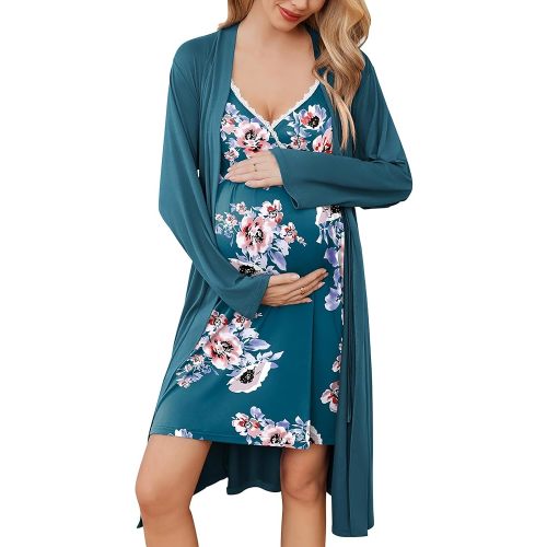 Ekouaer Womens Maternity Nursing Gown and Robe Set Labor Delivery Nuring Nightgowns for Hospital Breastfeeding Robes