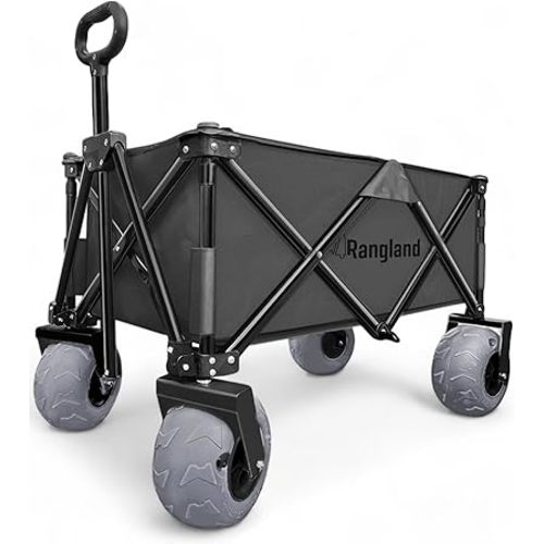 Beach Cart with Big Air Wheels for Sand - All Terrain Sand Wagon with Large Pneumatic Rubber Tires, Folding Design, Heavy-Duty Steel Frame (Black)