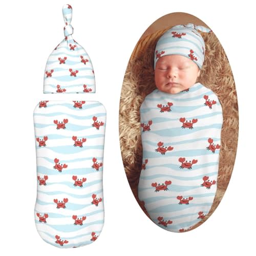 Muishi Crab and Wave Newborn Swaddle Blankets Hat Sets Soft Baby Receiving Blanket Swaddle Sack for Baby Shower Infant Boy Girl Gift