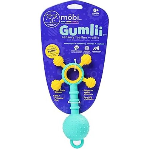 Mobi Gumlii Sensory Teether Baby Rattle Toy - Baby Teething Toy for Babies 0-6 Months, Newborn Baby Sensory Teether & Rattle Toy, Made with Food Grade Silicone, BPA and Phthalate Free - Pack of 1