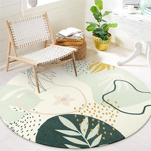 Lahome Boho Round Rugs - 4Ft Washable Non-Slip Small Round Area Rug Throw Soft Cute Round Nursery Rug Non-Shed Lightweight Bathroom Rug, Green Botanical Print Circle Rug for Bedroom Dorm Kids Room