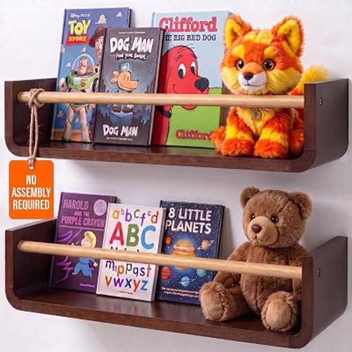 Ovalo Nursery Book Shelves Set of 2 - Solid Pine Wood Nursery Bookshelf, Floating Nursery Shelves for Wall, Wall Bookshelf for Kids Room, No-Assembly Wall Mounted Baby Book Shelf. (Walnut Brown)