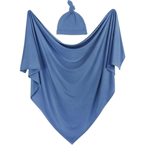 iEvolve Cotton Knitted Baby Swaddle Blanket with Hat Headband Set Newborn Swaddle Wrap Receiving Blankets for Baby Girl Boy 35" x 35"(Sapphire Blue)