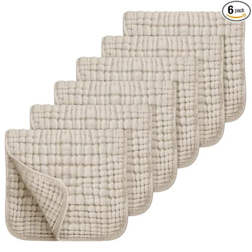 Looxii Muslin Burp Cloths 6 Pack - 20" x 10" - Ultra Soft & Absorbent, 6-Layer 100% Cotton for Spit Up & Drool- Gentle Neutral Burping Cloths, Baby Newborn Essentials Gifts for Boys Girls, Apricot