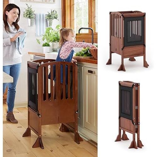 Guidecraft Contemporary Kitchen Helper® Stool with 2 Keepers - Walnut: Adjustable Height Wooden Counter Step Stool for Toddlers