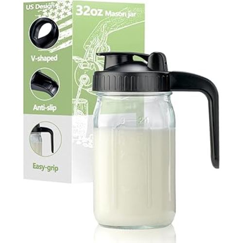 32oz Glass Pitcher with Lid & V-shaped Pour Spout - 1 Quart Breastmilk Pitcher Double Leak Proof, Creamer Container for Sun Tea, Juice, Cold Brew Coffee, Breastmilk Storage Container