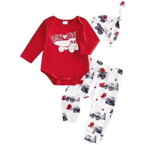 Newborn Baby Boy Clothes Long Sleeve Letter Tractor Print Romper and Pants with Hat Coming Home Outfit 3Pcs