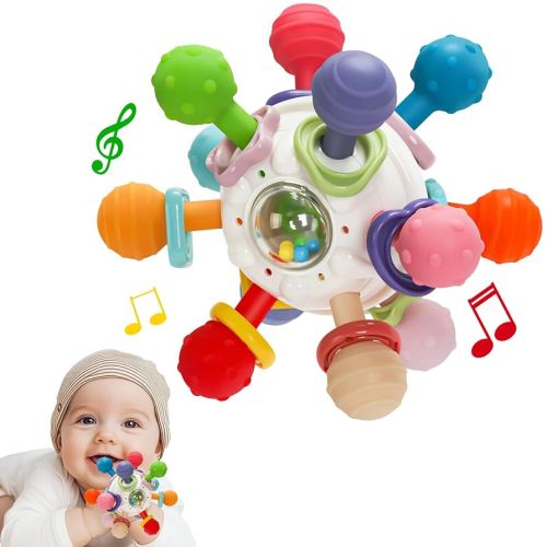 Baby Montessori Teething Toys for 0-6 6-12 Months, Food Grade Teether Sensory Toys for Babies 0 3 6 9 12 Months, Infant Newborn Developmental Learning Rattle Toys Gifts for Baby Boys Girls