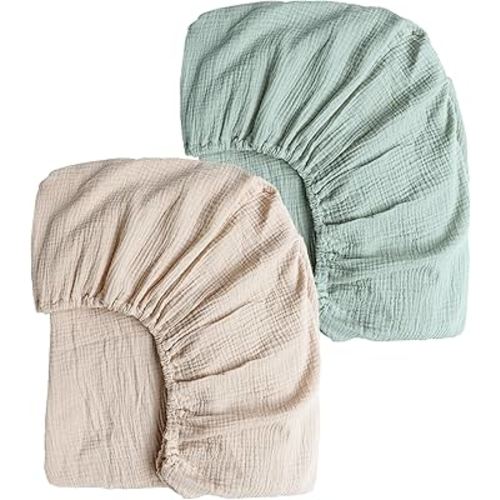 Konssy 2 PCS Muslin Fitted Crib Sheets 100% Cotton Baby Crib Sheets for Standard Crib Mattress (28 X 52 Inches), Soft and Breathable for Boys, Girls(Green, Cream)