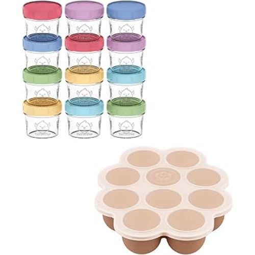 KeaBabies 12-Pack Baby Food Glass Containers and Silicone Baby Food Freezer Tray with Clip-on Lid - 4 oz Leak-Proof, Microwavable, Baby Food Storage Container - Baby Food Silicone Freezer Molds