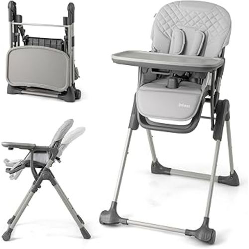 INFANS Baby High Chair, Convertible Quick Folding Portable Highchair for Babies and Toddlers with Adjustable Height Backrest Footrest 2 Wheels Removable Tray, Easy to Clean PU Seat (Grey)