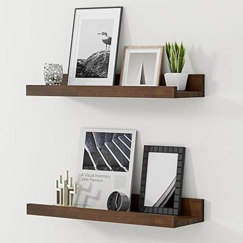 Floating Shelves for Wall, 16 inch Solid Wood Picture Ledge Shelf, Picture Shelf for Wall with Ledge, Floating Book Shelves for Living Room Bedroom Kitchen Nursery Decor, Walnut, Set of 2