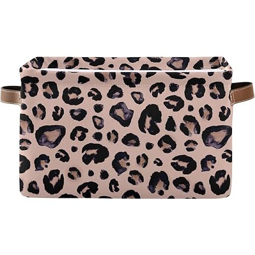 Large Storage Basket Pink Black Leopard Foldable Storage Box Organizer Bins with Handles for Bedroom Home Office