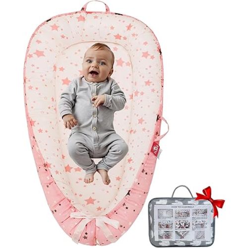 Baby Lounger, Newborn Lounger, Baby Nest Bed, Portable Baby Bed, Girl Boy Baby Essentials, Soft Breathable Portable Infant Lounger Essentials (Pink Star)