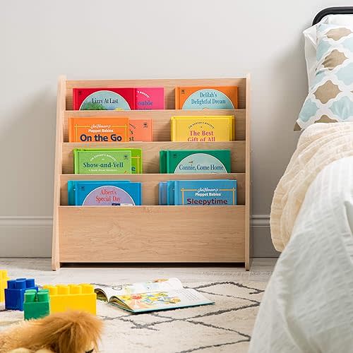 IRIS USA Wide Wooden Magazine Rack, 4-Pocket Periodical Book Sketchbook Stand with Deep Compartments for Living Room Bathroom Kids Room Classroom Office, Light Brown