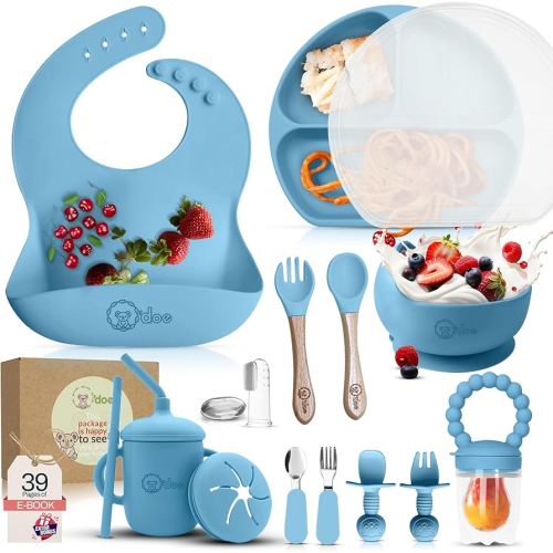 O'doe 17-Piece BPA-Free Silicone Baby Feeding Set | Thick & Soft Suction Plates, Baby Bowls, Wooden Fork & Spoon, and More | Make Mealtime Fun and Easy for Your Little One (Blue, V2)