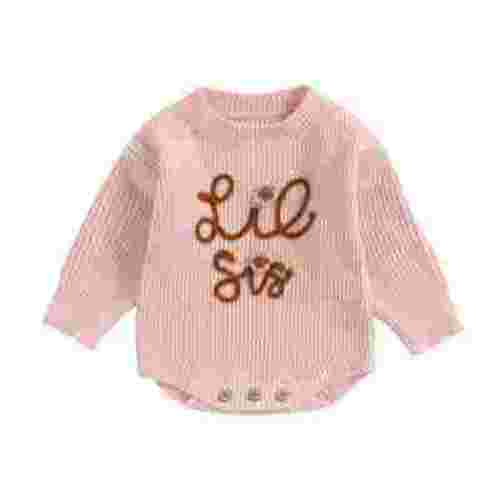 Okbabeha Toddler Baby Girl Chunky Sweater Romper Onesie Knit Big/Lil Sis Embroidered Sweatshirt Sister Matching Outfit
