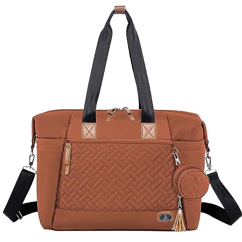Dikaslon Diaper Bag, Large Travel Diaper Tote for Mom and Dad, Multifunction Baby Tote Bag for Boys and Girls with Pacifier Case and Changing Pad, Caramel
