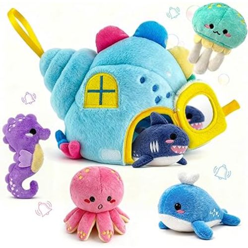 pamexin Baby Toys 6-12 Months, Ocean Stuffed Animals Set with 1 Conch House and 5 Sea Creatures, Rattle, Lanyard, Mirror, Montessori Toys for 6+ Month Old, Gifts for Babies Grandkids