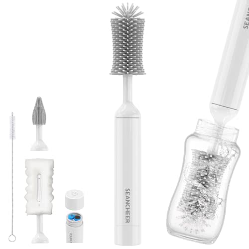SEANCHEER S02 Electric Bottle Brush Cleaner, Waterproof Baby Bottle Brush, AA Battery-Powered & 360° Wrist-Friendly, with Silicone Bottle/Nipple/Sponge/Straw Brush, Perfect Essentials for New Parents