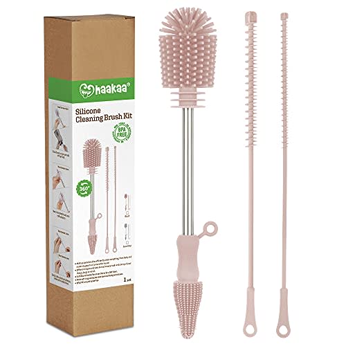 haakaa Silicone Cleaning Brush Kit - Blush - Scrub Brush for Breast Pumps, Breast Milk Collector, Baby Bottles, Nipples, Breastmilk Storage Bags
