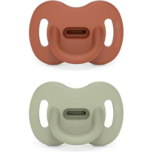 Color Essence SX PRO Silicone Baby Pacifier 2Pk, Made with 100% Soft Silicone, Baby Essentials Perfect for Breastfeeding Babies, Designed in Spain, 0-6 Mths, Orange/Green