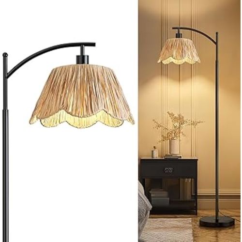 Oneach Arc Floor Lamp for Living Room,Rattan Boho Floor Lamp with Hand-Woven Shade, Foot Switch,Black Metal Base & Pole,Farmhouse Standing Lamp for Bedroom Corner,Reading