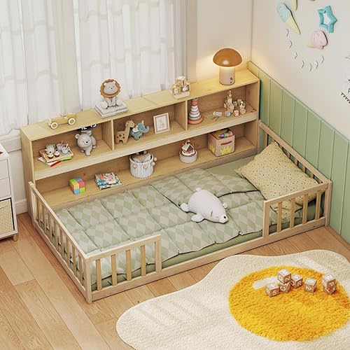 Giantex Twin Floor Bed for Kids, Wooden Montessori Bed Frame with Bookcase, Storage Shelves & Safety Fence Rails, Floor Beds Twin for Girls, Boys, No Box Spring Needed, Without Slats, Natural