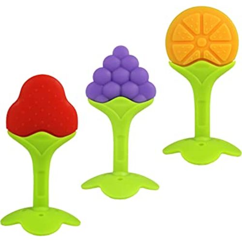 RaZbaby Infant & Baby Massager & Teether Toy 3-Pack, Fruit-Shaped Multi-Texture Teethers Soothe Sore Gums, Non-Toxic BPA-Free Food-Grade Silicone, Hands-Free & Easy to Hold, Safe to Freeze, 3M+
