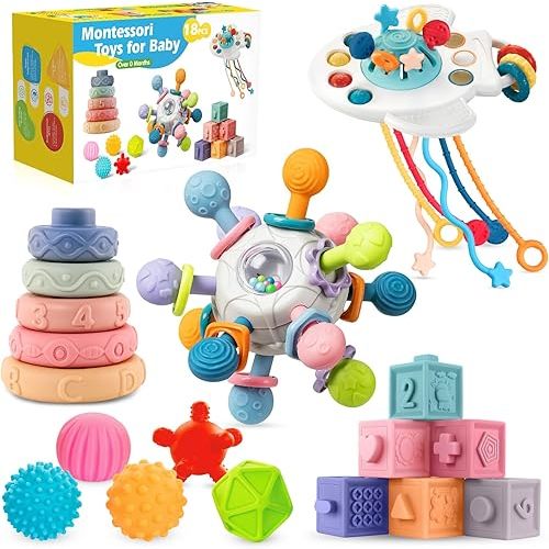 SpringFlower 0-3-6-12 Months Baby Toys, 5 in 1 Montessori Toys for Babies, Teething Toy & Stacking Building Block & Ring & Silicone Pull String, Sensory Development Baby Infant Toy, Gift for Babies