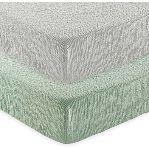david's kids Muslin Crib Sheets for Boys Girls, 2 Pack 100% Cotton Soft Breathable Fitted Baby Neutral Sheet Set, Standard 52"x28" Crib and Toddler Mattress, Light Gray & Sage Green