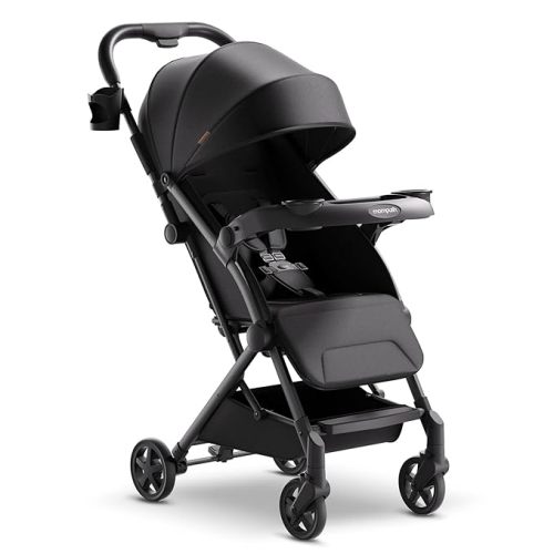 Mompush Lithe V2 Lightweight Stroller + Snack Tray, Ultra-Compact Fold & Airplane Ready Travel Stroller, Near Flat Recline Seat, Cup Holder, Raincover & Travelbag Included - Black