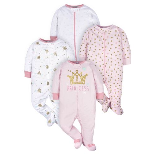 Gerber Newborn Baby Girl Zipper Sleeper Pajamas, Multipack with Mitten Cuffs, 4-Pack