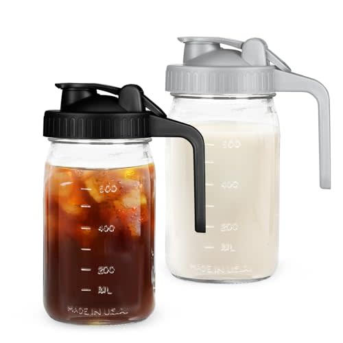 Breast Milk Pitcher Mason Jar - 2Pack Easy Pouring 32oz Airtight Glass Jar with Pour Spout Lid, Classic Wide Mouth Jug Easy to Clean, Ideal for Coffee & Creamer, Iced & Sun Tea, Juices