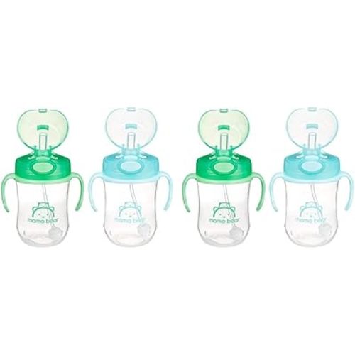 Amazon Brand - Mama Bear Silicone Weighted Straw Sippy Cup, 9 Ounces, Pack of 4, Blue/Green