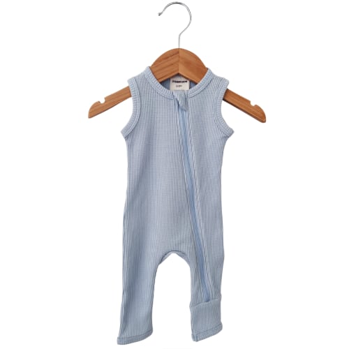 Organic Waffle Sleeveless Zip Romper, Baby Blue