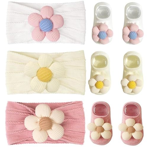 CÉLLOT Baby Girl Headband and Socks, Non-Slip Floral Socks and Soft Floral Nylon Hairbands for Babies Infants and Toddlers