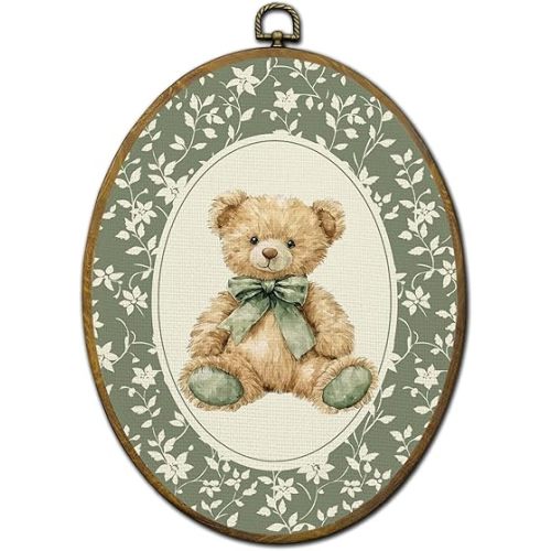 QZQE Vintage Floral Bear Nursery Oval Wall Art Decor Framed, Girl Nursery Oval Canvas Prints, Green Bow Bear Wall Hanging Decor for Home Kids Toddler Girls Room Bedroom Playroom, 8.6x11.4 Inch
